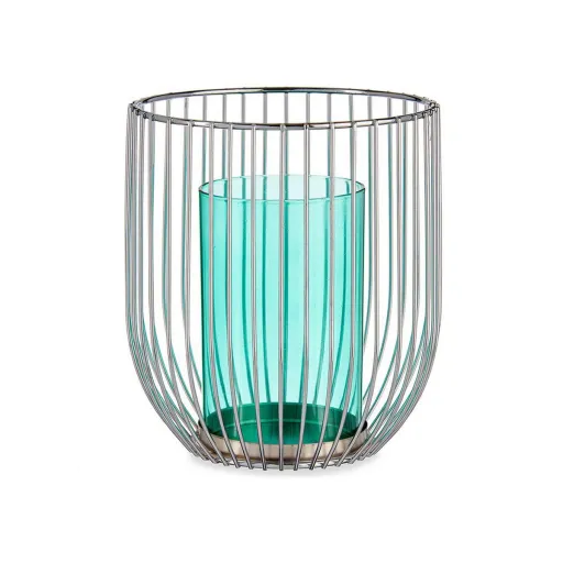 Portavelas Gift Decor Azul Plateado Plata Metal Vidrio 15 x 17 x 15 cm Jaula