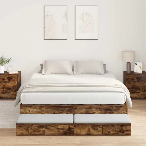 Cama Con Almacenamiento Con Cajón Roble Ahumado 160 cm