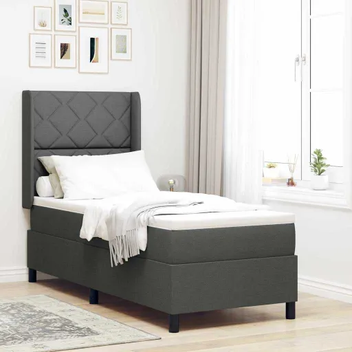 Cama Tipo Box Spring Con Colchón Gris Oscuro 90 x 190 cm Tela
