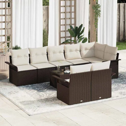 Conjunto de Sofá de Jardín Con Cojín   Marrón Poliratán (9 pcs)