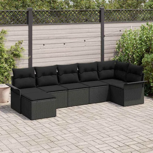 Conjunto de Sofá de Jardín Con Cojín   Negro Poliratán (7 pcs)