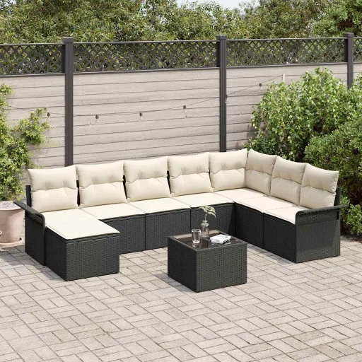 Conjunto de Sofá de Jardín Con Cojín   Negro Poliratán (9 pcs)