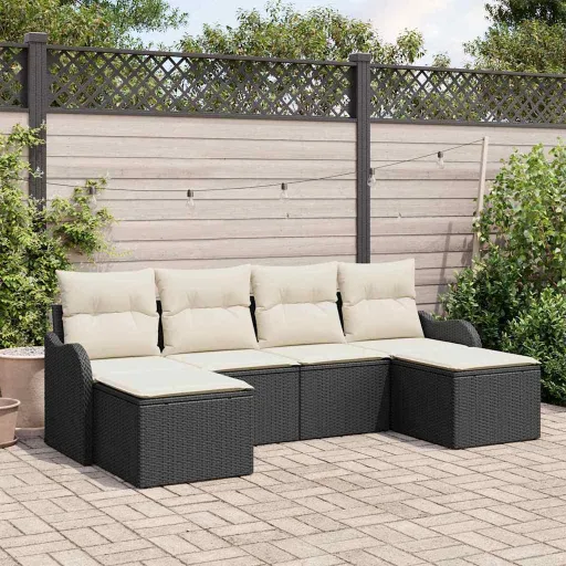 Conjunto de Sofá de Jardín Con Cojín   Negro Poliratán (6 pcs)