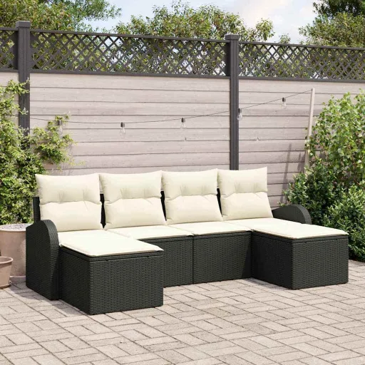 Conjunto de Sofá de Jardín   Negro Rattan de Poliéster (6 pcs)