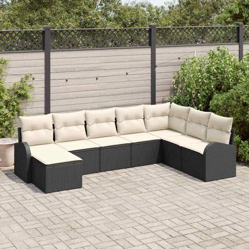 Conjunto de Sofá de Jardín Con Cojín   Negro Poliratán (8 pcs)
