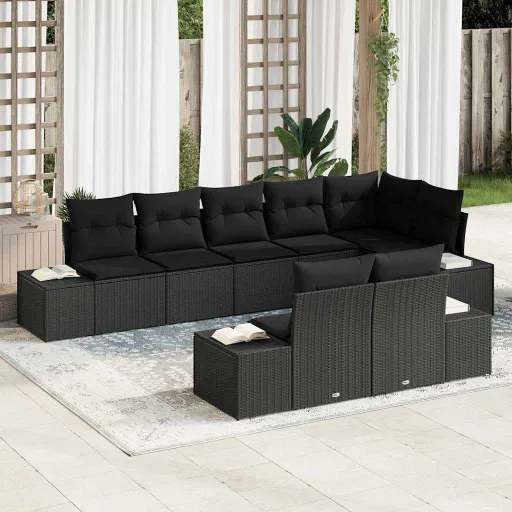Conjunto de Sofá de Jardín Con Cojín   Negro Poliratán (8 pcs)