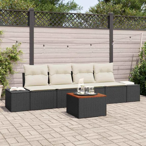 Conjunto de Sofá de Jardín Con Cojín   Negro Poliratán (5 pcs)