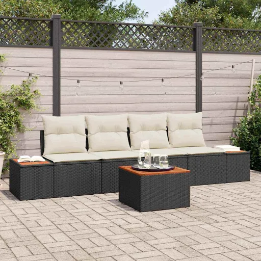 Conjunto de Sofás de Jardín Con Cojín   Negro Poliratán (5 pcs)