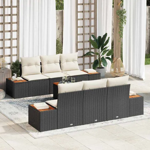 Conjunto de Sofás de Jardín Con Cojín   Negro Poliratán (7 pcs)