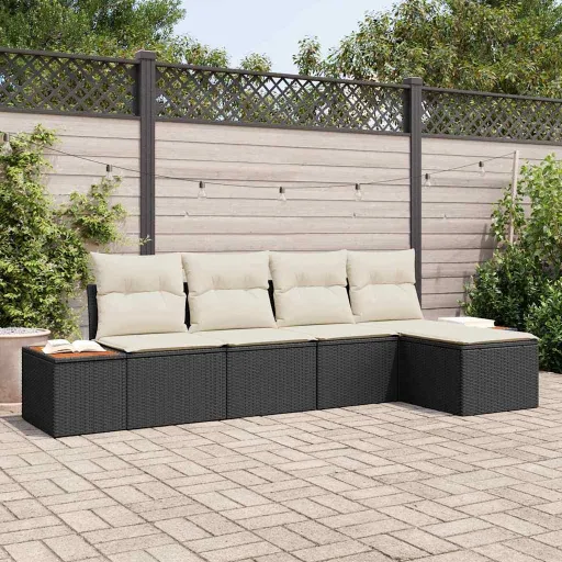 Conjunto de Sofás de Jardín Con Cojín   Negro Poliratán (5 pcs)