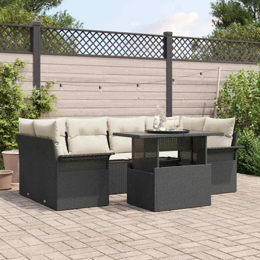 Conjunto de Sofá de Jardín Con Cojín   Negro Poliratán (7 pcs)