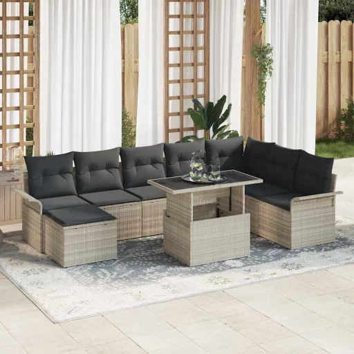 Conjunto de Sofá de Jardín   Gris Claro Ratán Sintético (9 pcs)