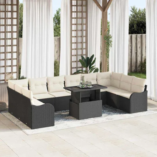Conjunto de Sofá de Jardín Con Cojín   Negro Poliratán (11 pcs)
