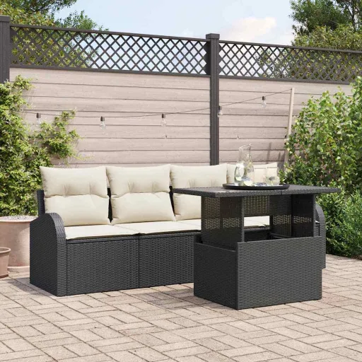 Conjunto de Sofá de Jardín Con Cojín   Negro Poliratán (5 pcs)