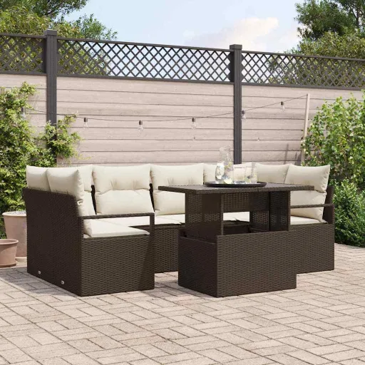 Conjunto de Sofá de Jardín   Marrón Ratán Sintético (7 pcs)