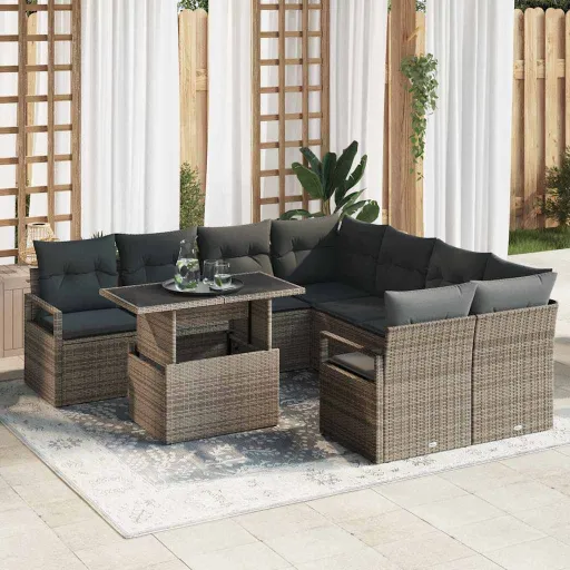 Conjunto de Sofá de Jardín   Gris Ratán Sintético (9 pcs)