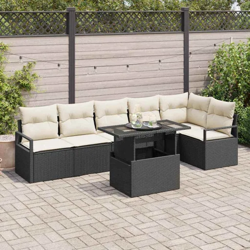 Conjunto de Sofá de Jardín Con Cojín   Negro Poliratán (7 pcs)