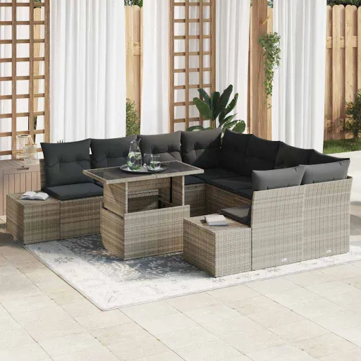 Conjunto de Sofá de Jardín   Gris Claro Ratán Sintético (9 pcs)