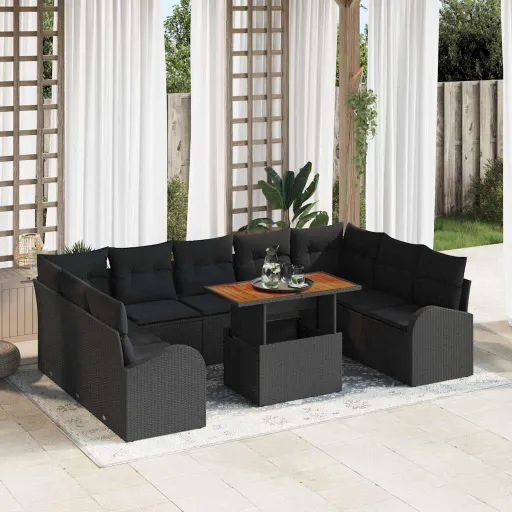 Conjunto de Sofá de Jardín Con Cojín   Negro (10 pcs)
