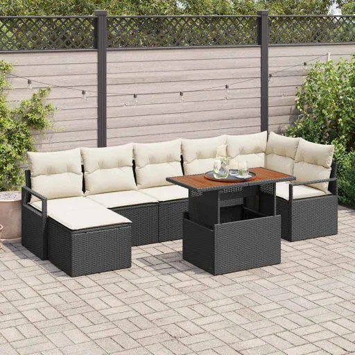 Conjunto de Comedor de Jardín Con Cojín   Negro y Crema (8 pcs)