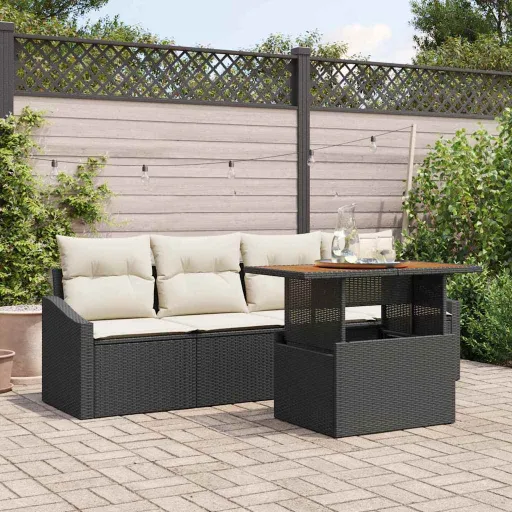 Conjunto de Sofá de Jardín Con Cojín   Negro Poliratán (5 pcs)