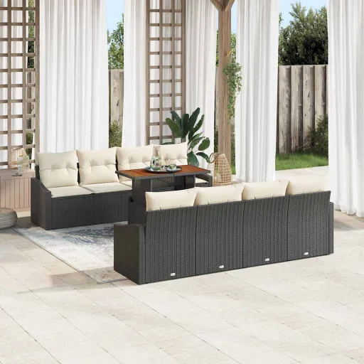 Conjunto de Comedor de Jardín Con Cojín   Negro y Crema (9 pcs)