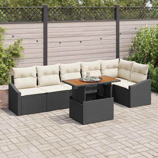 Conjunto de Comedor de Jardín Con Cojín   Negro y Crema (7 pcs)