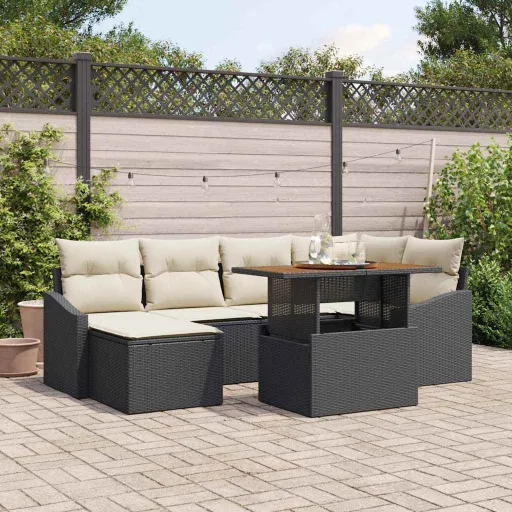 Conjunto de Comedor de Jardín Con Cojín   Negro y Crema (7 pcs)