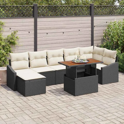 Conjunto de Comedor de Jardín Con Cojín   Negro y Crema (8 pcs)