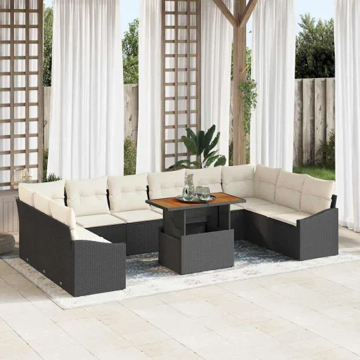 Conjunto de Comedor de Jardín Con Cojín   Negro y Crema (11 pcs)
