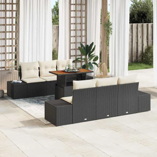 Conjunto de Comedor de Jardín Con Cojín   Negro y Crema (7 pcs)