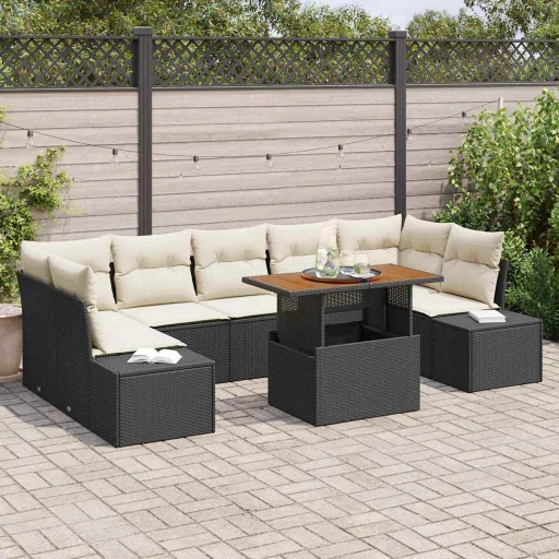 Conjunto de Comedor de Jardín Con Cojín   Negro y Crema (8 pcs)