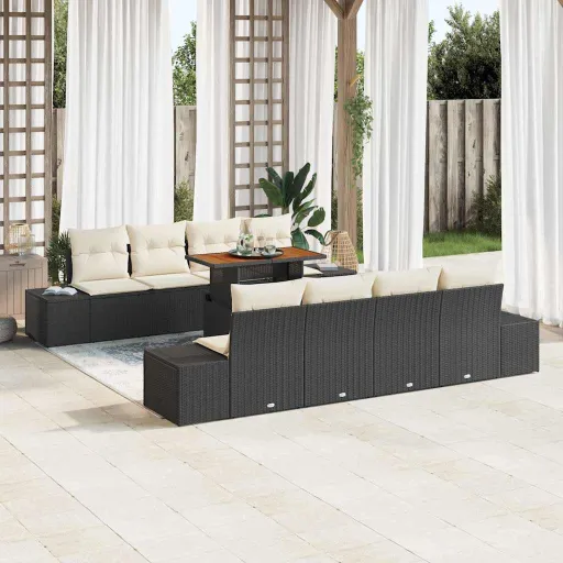 Conjunto de Comedor de Jardín Con Cojín   Negro y Crema (9 pcs)