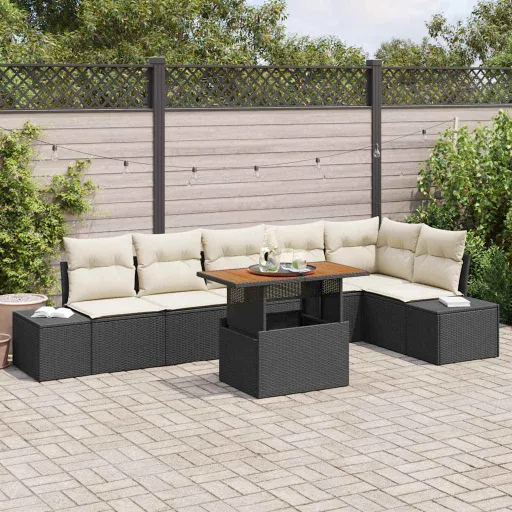 Conjunto de Comedor de Jardín Con Cojín   Negro y Crema (7 pcs)