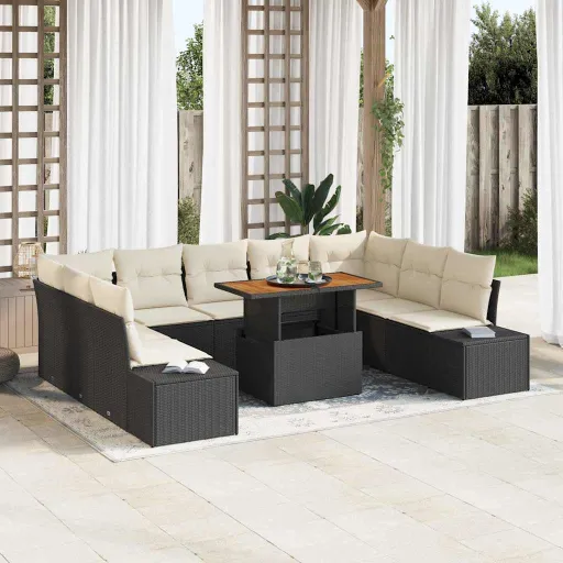 Conjunto de Comedor de Jardín Con Cojín   Negro y Crema (10 pcs)