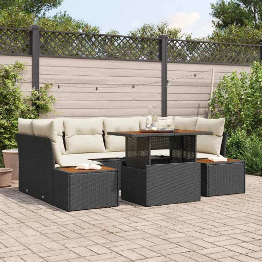 Conjunto de Comedor de Jardín Con Cojín   Negro y Beige (9 pcs)