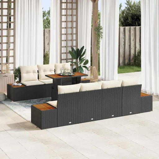 Conjunto de Sofá de Jardín Con Cojín   Negro Poliratán (8 pcs)