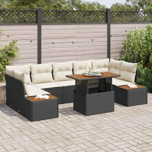Conjunto de Comedor de Jardín Con Cojín   Negro y Beige (8 pcs)