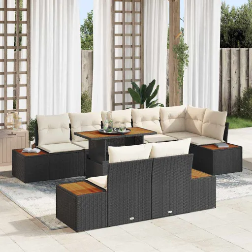 Conjunto de Comedor de Jardín Con Cojín   Negro y Beige (9 pcs)