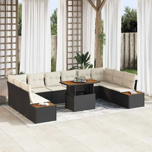 Conjunto de Comedor de Jardín Con Cojín   Negro y Beige (11 pcs)