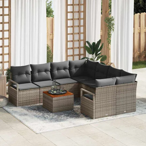 Conjunto de Sofás de Jardín   Gris Ratán Sintético (9 pcs)