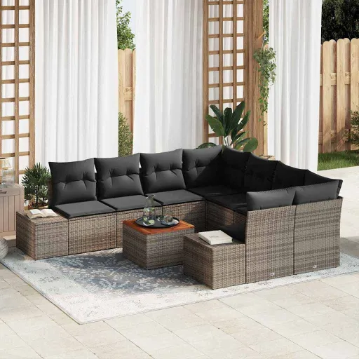Conjunto de Sofás de Jardín   Gris Ratán Sintético (9 pcs)