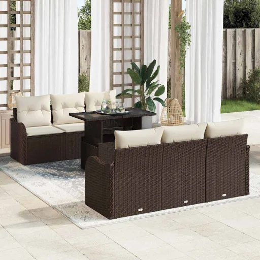 Conjunto de Sofá de Jardín Con Cojín   Marrón Poliratán (7 pcs)