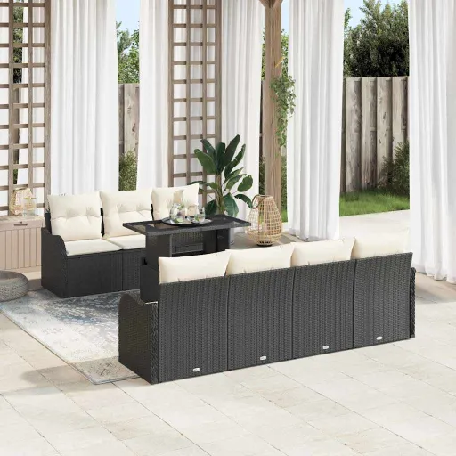 Conjunto de Sofá de Jardín   Negro Rattan de Poliéster (8 pcs)