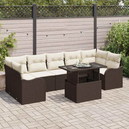 Conjunto de Sofá de Jardín Con Cojín   Marrón Poliratán (8 pcs)
