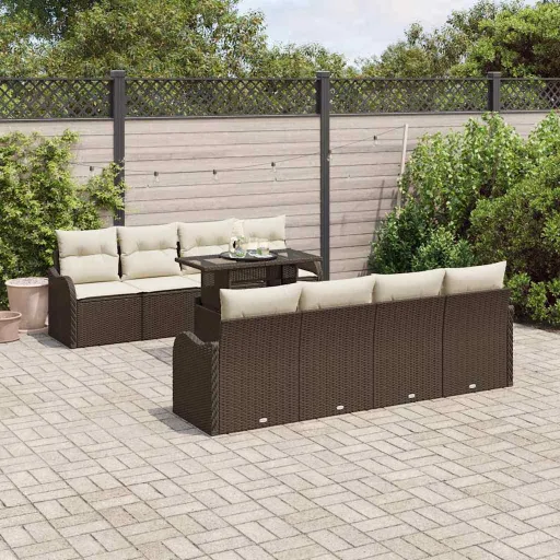Conjunto de Sofá de Jardín Con Cojín   Marrón Poliratán (9 pcs)