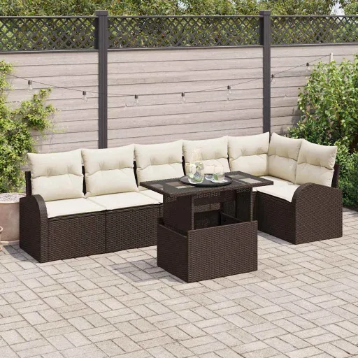 Conjunto de Sofá de Jardín Con Cojín   Marrón Poliratán (7 pcs)