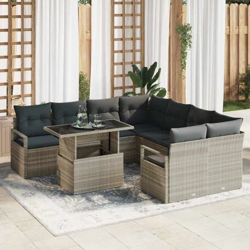 Conjunto de Sofá de Jardín   Gris Claro Poliratán (9 pcs)