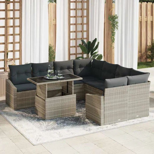 Conjunto de Sofá de Jardín   Gris Claro Poliratán (9 pcs)