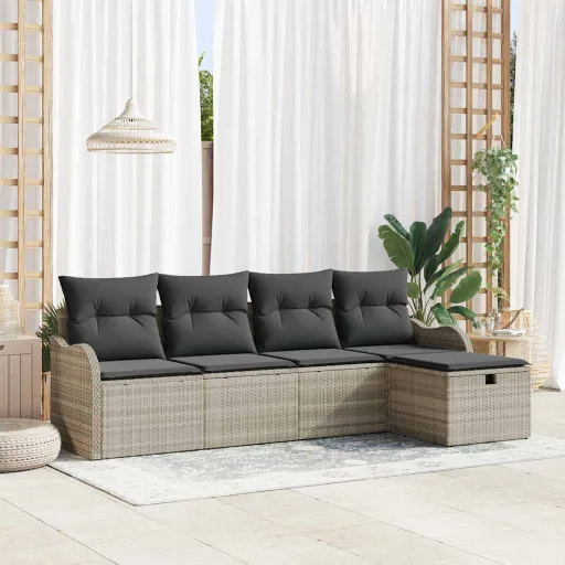 Conjunto de Sofá de Jardín Con Cojín   Gris Claro Poliratán (5 pcs)